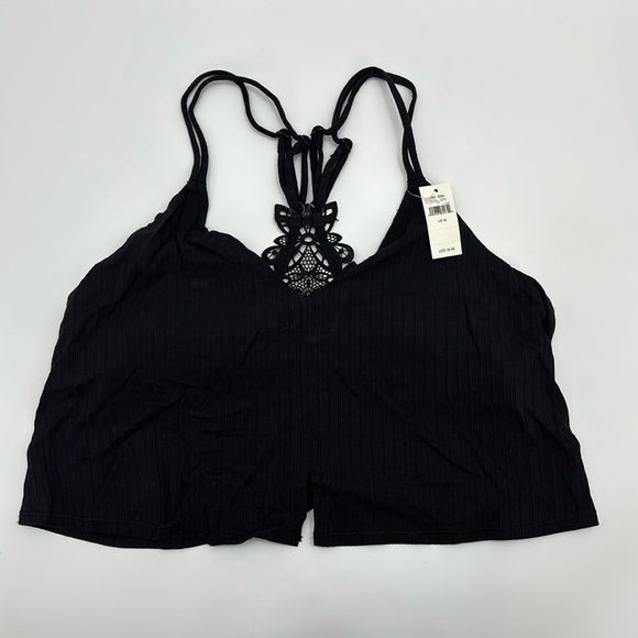 Aerie Ribbed Black Strappy Crop Top with lace detail size Medium NWT - Picture 2 of 11